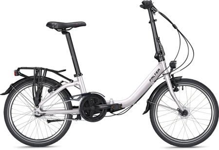FALTER F 3.0 Comfort Faltrad in silber mit tiefem Einstieg, Seitenansicht auf weißem Hintergrund.