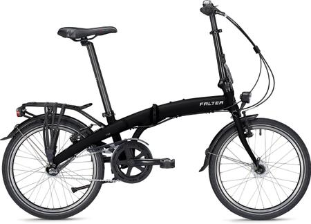 FALTER F 5.0 Deluxe Faltrad in mattem Schwarz, seitliche Ansicht mit sportlicher Rahmenform und Komplettausstattung.